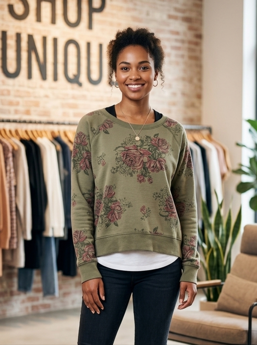 Olive grenlen floral sweater